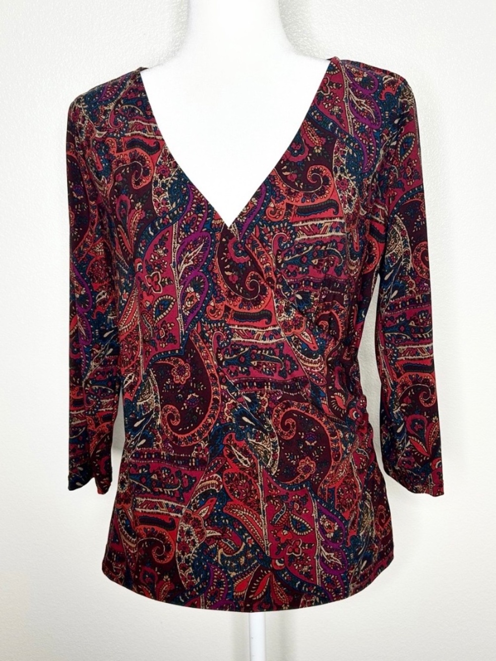 CHAPS Womens Burgundy Red Paisley Print V-Neck Long Sleeve Top Size L EUC